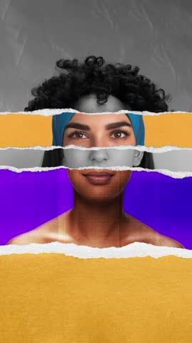 Striking torn paper composition made of different women face parts, creating portrait of young woman. Stop motion, animation. Confidence and multicultural beauty. Concept of human diversity, equality