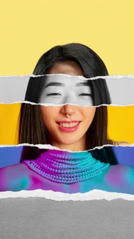 Colorful torn paper composition made of different people face parts, creating portrait of woman. Stop motion, animation. Concept of human diversity, emotions, equality, creativity