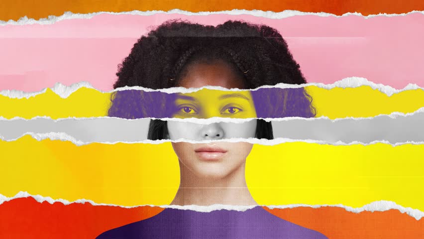 Layered torn paper composition made of different women face parts, creating portrait of woman. Multiethnic beauty standards Stop motion, animation. Concept of human diversity, emotions, equality