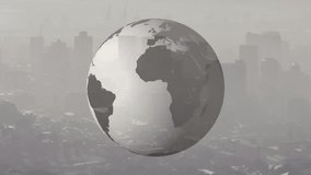 Metallic globe rotating over smoggy urban skyline, showing continents in 3D render style. Geometric, futuristic, environmental, pollution, technology, dystopian, eco - Powered by Shutterstock - Get 15% off with code: PIKWIZARD15