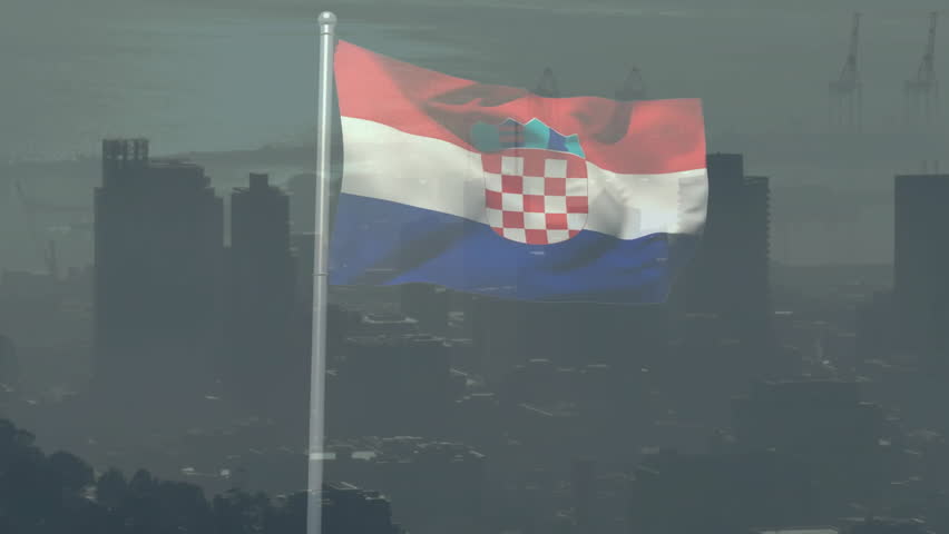 Croatian flag fluttering on silver pole above hazy port city skyline with cranes, in flat design. Patriotism, nationalism, maritime, urban, industrial, landscape, modern