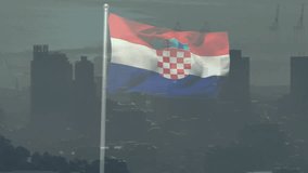 Croatian flag fluttering on silver pole above hazy port city skyline with cranes, in flat design. Patriotism, nationalism, maritime, urban, industrial, landscape, modern - Powered by Shutterstock - Get 15% off with code: PIKWIZARD15