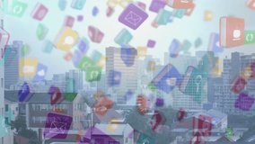 Smart city connectivity being visualized over urban rooftop skyline, showing 3D app icon globe grid. Technology, innovation, digital, network, metropolis, interface, futuristic - Powered by Shutterstock - Get 15% off with code: PIKWIZARD15