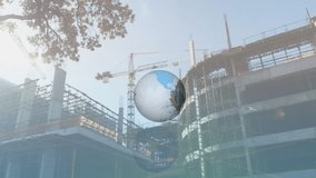 Digital 3D render globe showing flags floating above concrete construction frame with scaffolding. Architecture, engineering, infrastructure, globalization, development, industry, urbanization - Powered by Shutterstock - Get 15% off with code: PIKWIZARD15