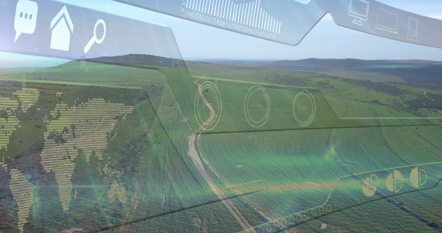 Winding dirt road gliding across green crop fields, showing flat design holographic data overlays. Futuristic, agritech, drone, digital, visualization, rural, analytics