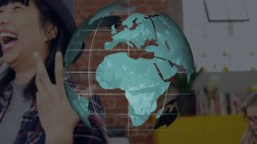 Woman wearing VR headset interacting with hologram globe in tech studio, colleague working laptop. Technology, innovation, collaboration, futuristic, immersive, educational, digital - Powered by Shutterstock - Get 15% off with code: PIKWIZARD15