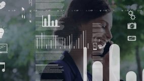 Business woman speaking on smartphone in park, showing animated finance charts and heart icons. Technology, communication, analytics, innovation, outdoor, professional, vibrant - Powered by Shutterstock - Get 15% off with code: PIKWIZARD15