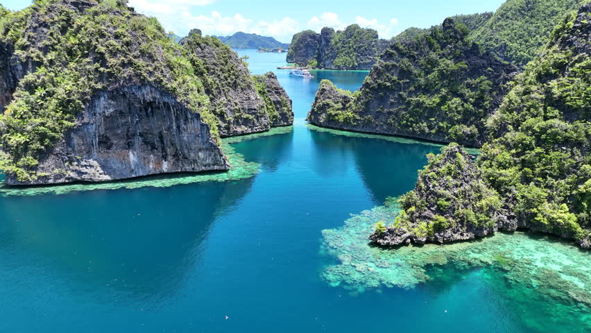 A healthy coral reef fringes rugged limestone islands in Misool, Raja Ampat, Indonesia. This area is known as the heart of marine biodiversity and is a popular destination for diving and snorkeling.