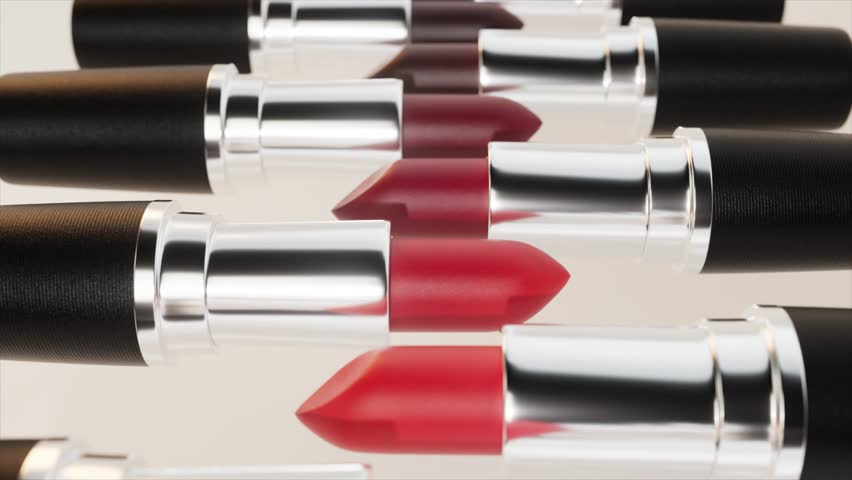 Rotating lipsticks in red and pink revealing sleek silver and black casings against pristine white background, displaying elegant color variations and cosmetic diversity. 3D Illustration