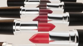 Rotating lipsticks in red and pink revealing sleek silver and black casings against pristine white background, displaying elegant color variations and cosmetic diversity. 3D Illustration - Powered by Shutterstock - Get 15% off with code: PIKWIZARD15