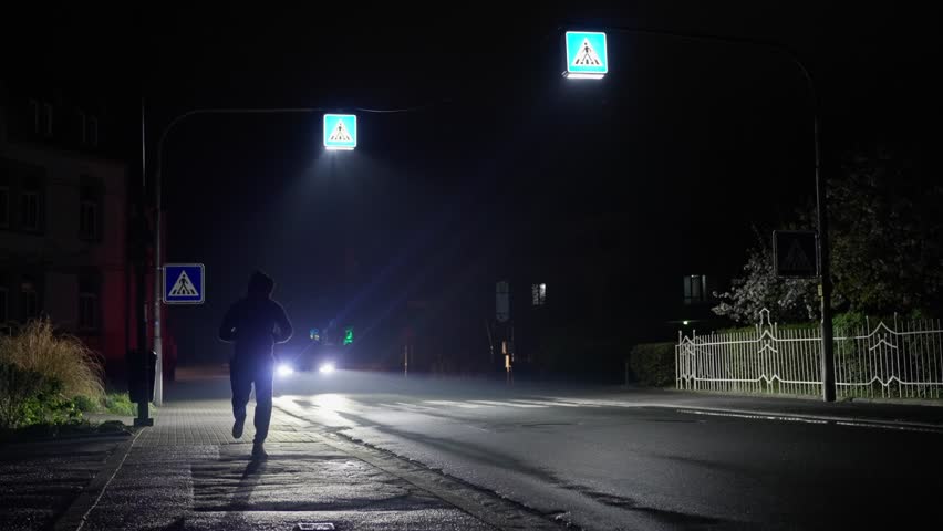 A man runs down the street and drops his mobile phone. during nighttime in an urban city environment