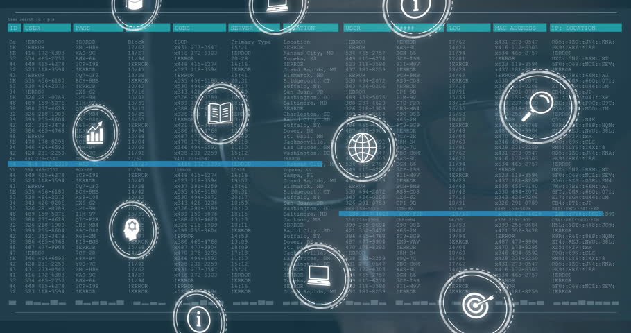Interface displaying teal log entries with floating user, bar chart, magnifier icons for analytics. Technology, visualization, analytics, data, innovation, cybersecurity, digital