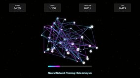 Futuristic animation showing an AI neural network training process with pulsating nodes, data flow, progress bar, and updating statistics. Abstract tech concept. - Powered by Shutterstock - Get 15% off with code: PIKWIZARD15