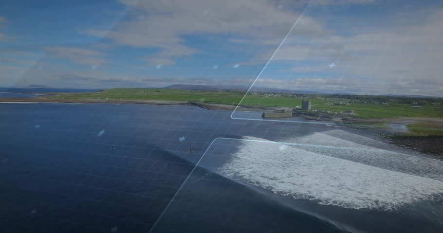 Coastal landscape being rendered in 3D animation, showing castle pier, breaking waves, HUD grid. Seascape, drone photography, digital overlay, maritime, scenic, aerial view, landscape
