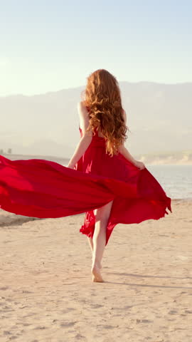 Running Woman In Red Silk Dress Barefoot On Cracked Earth Slow Motion Vertical Scene Flowing Hair And Fabric Cinematic Travel Vibes Wild Freedom Emotional Moment Fashion Editorial Nature Style
