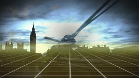 Transparent plane flying toward viewer over wireframe grid with cascading binary code and Big Ben. Futuristic, technology, digital, cityscape, innovation, cyber, abstract - Powered by Shutterstock - Get 15% off with code: PIKWIZARD15