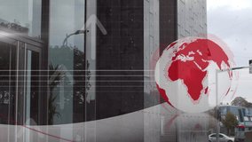 Reflective office facade featuring digital overlay showing social media icons and world map graphic. Skyscraper, modern, architecture, technology, urban, corporate, digital - Powered by Shutterstock - Get 15% off with code: PIKWIZARD15