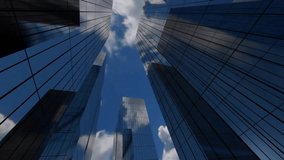 Skyscrapers converging toward sky while HUD overlay and social media icons floating in 3D render. Futuristic, cityscape, reflective, technology, urban, digital, innovation - Powered by Shutterstock - Get 15% off with code: PIKWIZARD15