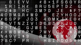 Digital globe spinning with red dot matrix overlay above city skyline and streaming code columns. Futuristic, technological, data, cyber, high-tech, modern, innovation - Powered by Shutterstock - Get 15% off with code: PIKWIZARD15