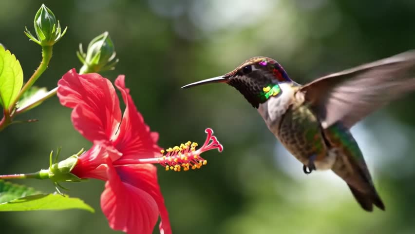 A hummingbird sips nectar from a bright pink bloom in a lively garden, bathed in warm afternoon sunlight, surrounded by colorful spring flowers swaying gently in the breeze.
