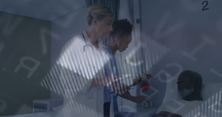 medical team monitoring patient in hospital room, with AR overlays showing binary data. Healthcare, technology, innovation, diagnostics, telemedicine, clinical, futuristic