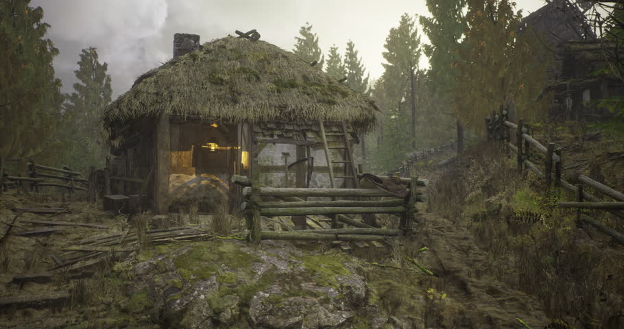 A quaint cottage sits at the edge of a forest, with a thatched roof and wooden fences. The place is enveloped by tall trees, creating a serene and peaceful atmosphere during the day.