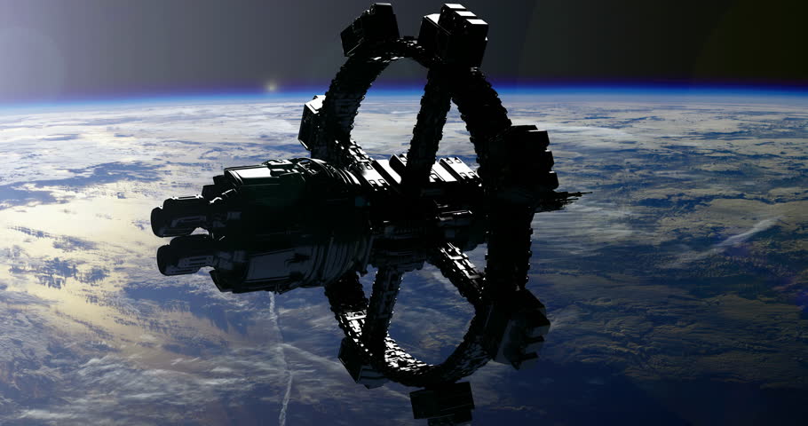 A futuristic space station orbits Earth, illuminated by the soft glow of dawn. The view captures the curvature of the planet and the vastness of space surrounding the structure.