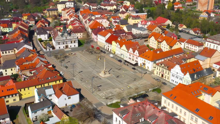 Aerial view to historic center of Stribro town. Medieval city from 12th century. It has about 8,100 inhabitants. Amazing tourist destination near Slavkovsky les. Czech Republic, Central Europe.