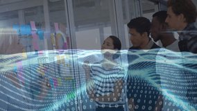 Marketing team pointing at sticky notes on glass wall, analyzing charts, binary code floating. Collaboration, innovation, teamwork, productivity, brainstorming, digital, discussion - Powered by Shutterstock - Get 15% off with code: PIKWIZARD15