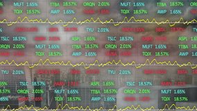 Financial overlay displaying stock tickers and line charts over city skyline, using flat design. Financial, data, analytics, technology, digital, corporate, futuristic - Powered by Shutterstock - Get 15% off with code: PIKWIZARD15