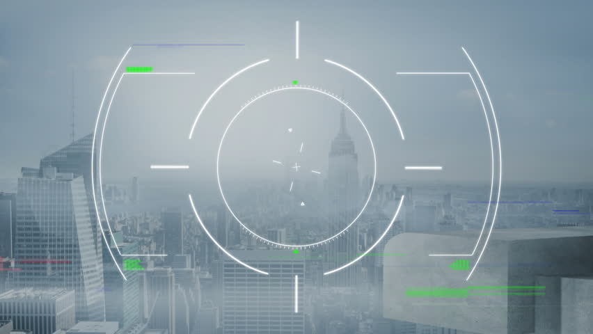 semi-transparent digital HUD displaying circular reticle over dense urban skyline with glitch lines. Futuristic, technology, urban, skyline, innovation, interface, abstract