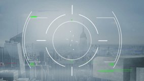 semi-transparent digital HUD displaying circular reticle over dense urban skyline with glitch lines. Futuristic, technology, urban, skyline, innovation, interface, abstract - Powered by Shutterstock - Get 15% off with code: PIKWIZARD15