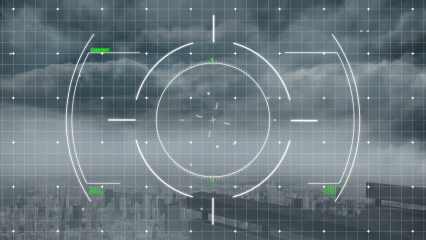 HUD circular reticle being displayed over urban skyline, showing concentric arcs and green markers. Futuristic, technology, aerial, urban, interface, drone, droneview