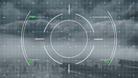 HUD circular reticle being displayed over urban skyline, showing concentric arcs and green markers. Futuristic, technology, aerial, urban, interface, drone, droneview - Powered by Shutterstock - Get 15% off with code: PIKWIZARD15
