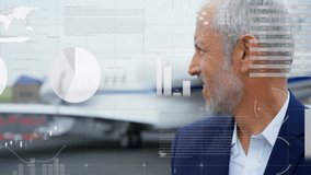 Senior executive standing next to parked car outdoors, with floating finance pie charts, bar graphs. Business, analytics, modern, corporate, finance, technology, professional - Powered by Shutterstock - Get 15% off with code: PIKWIZARD15