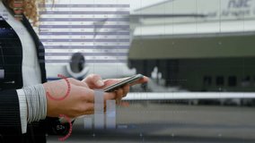 Businesswoman holding smartphone by private jet, displaying finance graphs and world map overlays. Executive, innovation, mobility, analytics, technology, corporate, sleek - Powered by Shutterstock - Get 15% off with code: PIKWIZARD15