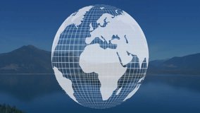 Digital wireframe globe showing Asia and Australia floating over mountain lake reflecting sky. Geography, technology, innovation, tranquility, outdoor, landscape, futurism - Powered by Shutterstock - Get 15% off with code: PIKWIZARD15