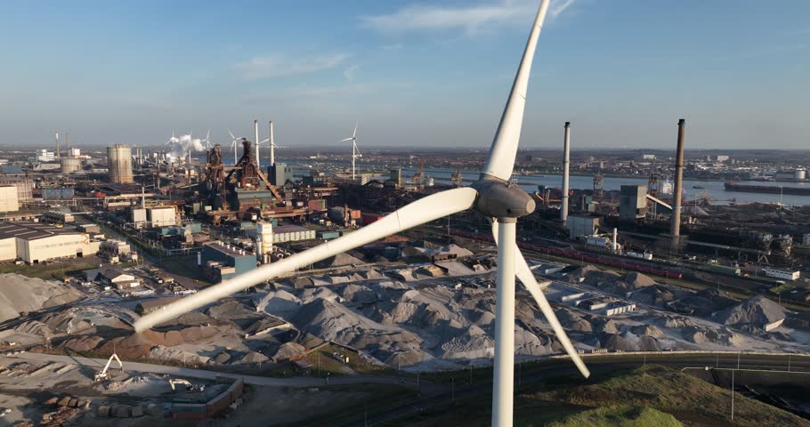 Ijmuiden blast furnace, wind turbines, renewable energy. The Netherlands. Aerial view.