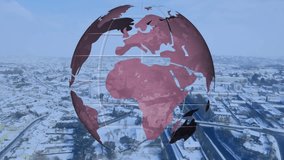 Stylized digital globe floating over flat design snowy town, with purple grid lines and continents. Urban, winter, landscape, futuristic, technological, aerial, social - Powered by Shutterstock - Get 15% off with code: PIKWIZARD15