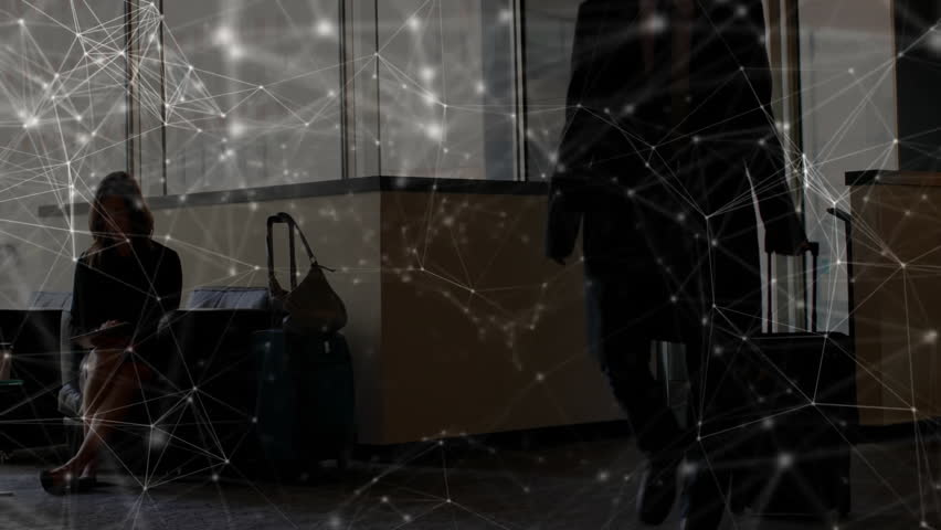 Man pulling suitcase, woman writing on tablet in airport terminal showing travel technology overlay. Business travelers, digital interface, modern architecture, technological innovation, professional - Powered by Shutterstock - Get 15% off with code: PIKWIZARD15