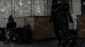 Man pulling suitcase, woman writing on tablet in airport terminal showing travel technology overlay. Business travelers, digital interface, modern architecture, technological innovation, professional - Powered by Shutterstock - Get 15% off with code: PIKWIZARD15