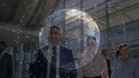 Corporate team walking through lobby, displaying 3D holographic globe network for business tech. Technology, innovation, collaboration, connectivity, metropolis, modernity, corporate - Powered by Shutterstock - Get 15% off with code: PIKWIZARD15