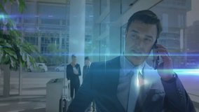 Businessman talking on smartphone in airport terminal, with digital network icons connecting users. Corporate, networking, communication, modern, professional, technology, travel - Powered by Shutterstock - Get 15% off with code: PIKWIZARD15