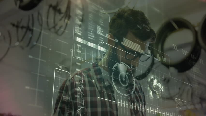 bicycle mechanic examining tablet in technology workshop showcasing futuristic UI charts, world map. Technician, innovation, digital, engineering, maintenance, modern, industrial - Powered by Shutterstock - Get 15% off with code: PIKWIZARD15