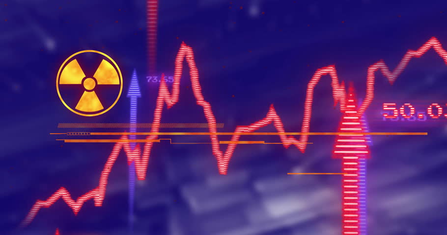 Radiation hazard symbol and warning text being displayed on high-contrast flat HUD with red charts. Alert, emergency, hazard, cybersecurity, interface, warning, digital