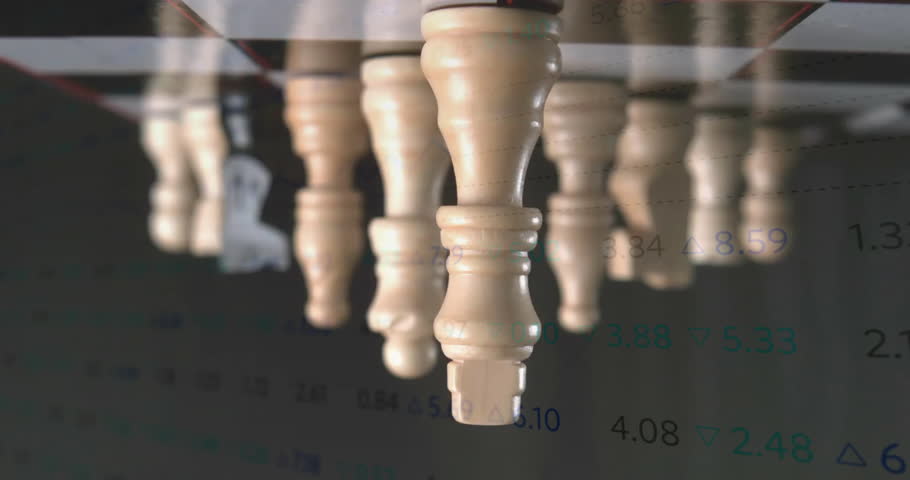 Hand holding black knight chess piece floating over 3D render wooden pieces, showing financial data. Strategy, gambling, analytical, innovation, digital, corporate, competition