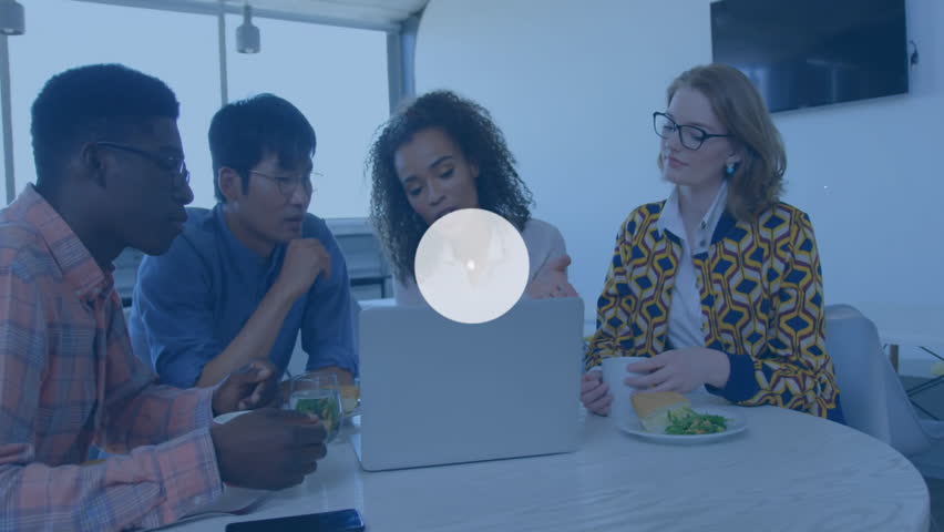 Team collaborating around laptop in modern tech office, overlaying network nodes with coffee mug. Collaboration, teamwork, digital, futuristic, professional, innovation, connectivity - Powered by Shutterstock - Get 15% off with code: PIKWIZARD15