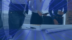 Business team leaning over table, reviewing blueprints with laptop, hologram 3D grid showing WOW. Collaboration, teamwork, innovation, digital, professional, strategy, technology - Powered by Shutterstock - Get 15% off with code: PIKWIZARD15