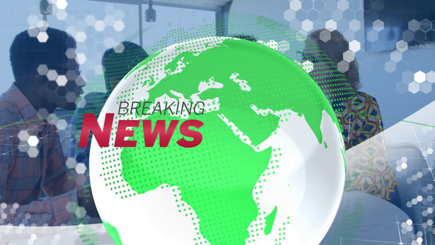 News team discussing breaking news in broadcast studio, with digital globe and hexagonal overlays. Technology, collaboration, data visualization, innovation, communication, professional, futuristic - Powered by Shutterstock - Get 15% off with code: PIKWIZARD15