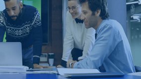 Team collaborating around office table, presenting tech concept with code graphs and floating icons. Collaboration, innovation, teamwork, digital, professional, modern, brainstorming - Powered by Shutterstock - Get 15% off with code: PIKWIZARD15